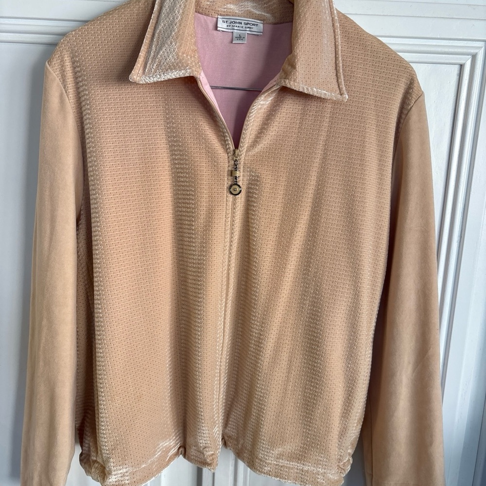 ST JOHN SPORT  Marie Gray Velour Track jacket Sz L Tan Beige Zip Up Perforated